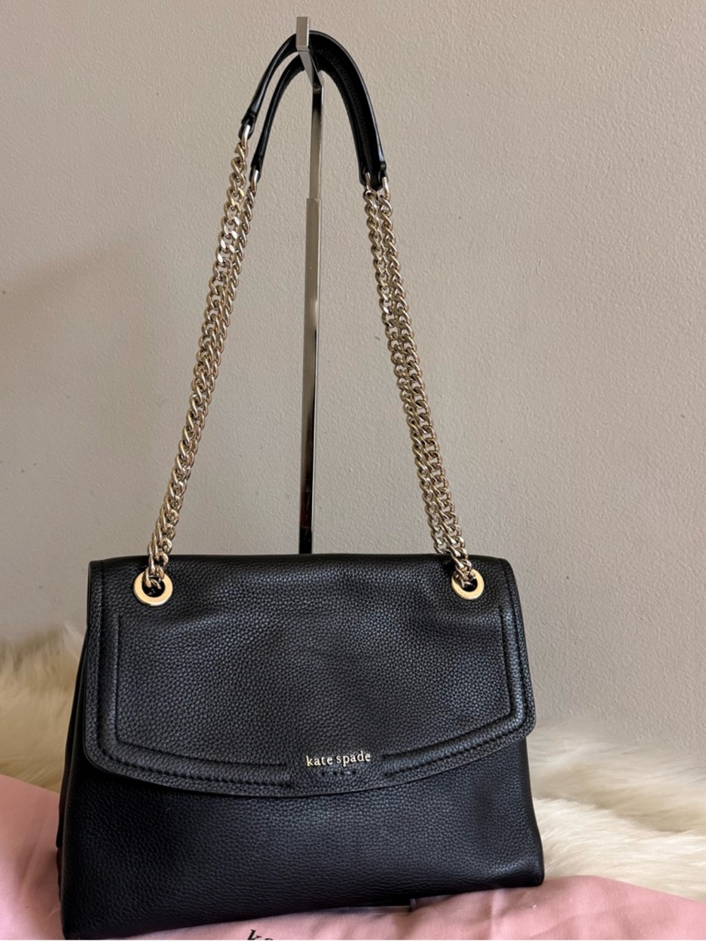 kate spade Black Pebbled Leather Shoulder Bag with Chain Strap